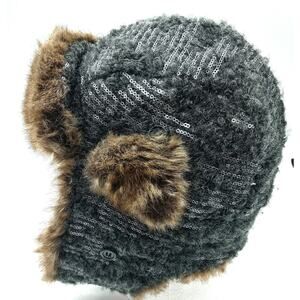 Mudd Trapper Hat Ushanka Brown Faux Fur Earflaps & Sequins Lined Winter Wear